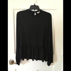 Loft black long sleeved blouse with bottom ruffle